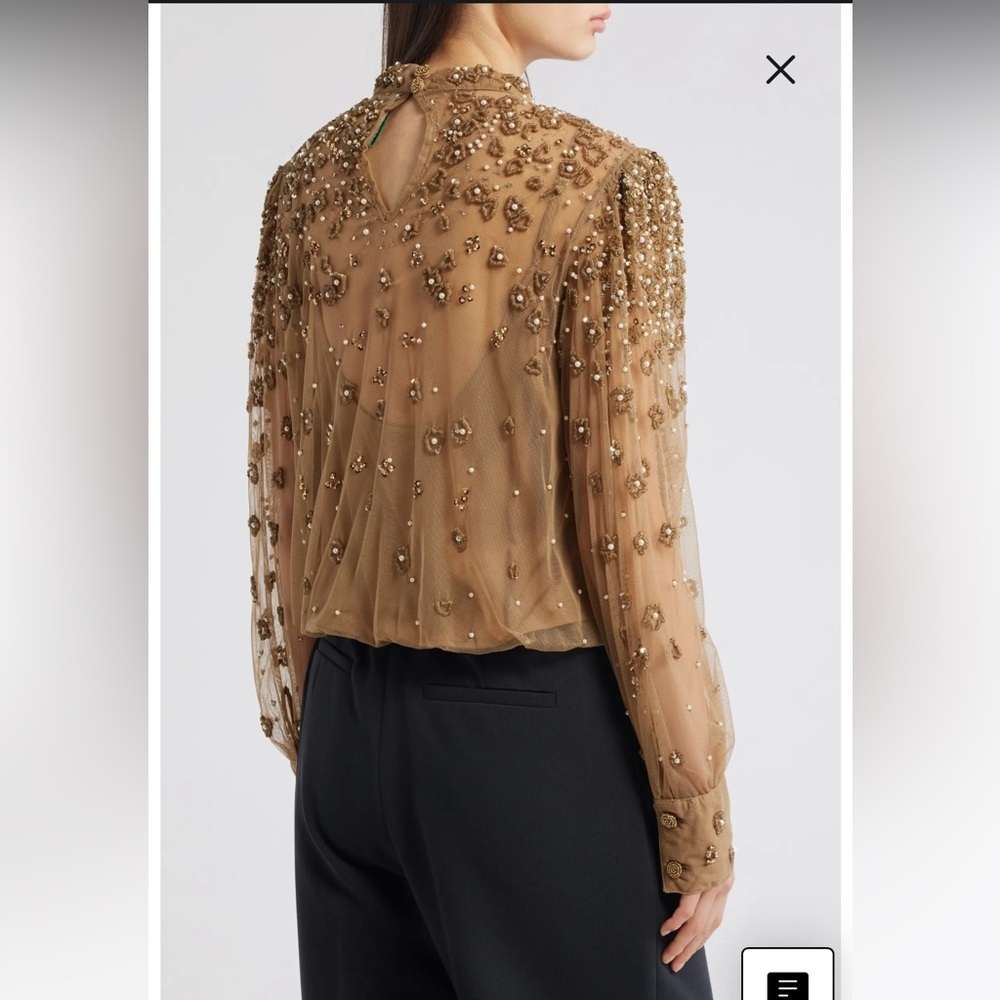Farm Rio embellished tulle long sleeve blouse in caramel tan beaded - Picture 2 of 8